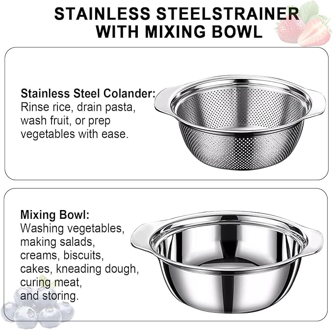Stainless Steel Colander for Kitchen, 5 QT Rice Washer Strainer Bowl | Large Capacity | Non-Slip Handle | Strainer Bowl for Rice, Pasta, Vegetable, Fruit Draining | Colanders & Food Strainers