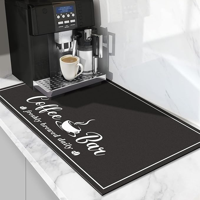 CooRug Fashion Coffee Mat, Dish Drying Mat 12" x 20" Black | Hide Stain, Absorbent, Coffee Bar Accessories, Heat Resistant, Non-slip, Eco-friendly, Easy to Clean