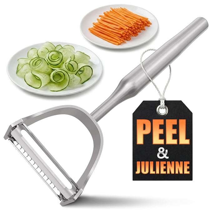 Stainless Steel Vegetable Peeler, 2-in-1 Peeler and Julienne Shredder Tool with Dual-Sided 420J2 Sharp Blade That Replaces Two Tools for Carrots, Cabbage, Potatoes, Cucumber, 5.6-Inch Ergonomic Handle