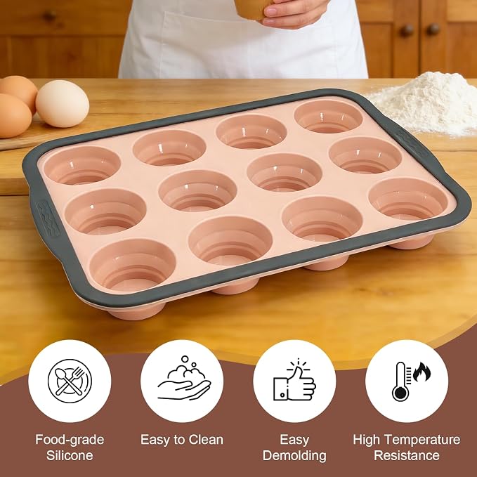 Silicone Muffin Pans for Baking with Metal Frame, 12-Cup Silicone Muffin Pan, BPA-Free Nonstick Coating, Easy Release & Clean, Oven & Dishwasher Safe ,Versatile for Baking, Custards & Cupcakes(Pink)