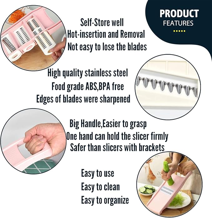 NACOLUS Mandoline Slicer for Kitchen Slicer Vegetable Cutter 5 In 1 Veggie Slicer Potato Slicer waffle fry cutter Hot Swap Mandolin with Peeler for Vegetables Carrot Shredder Cucumber Slicer - Pink | slicer vegetable cutter,hot-swap self-storage,effici...