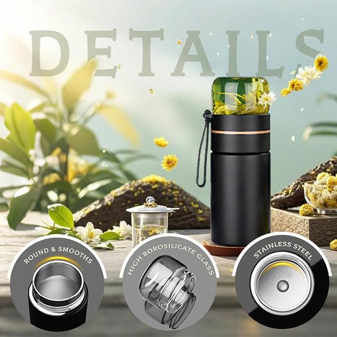 Glass Teapot With Infuser, Travel Tea Mug, Portable Tea Infuser Bottle 15OZ | Loose Tea Cup With Infuser And Lid,Tea Mug With Infuser For Outdoor,Tea Tumbler at Home,Tea Maker for Tea Lovers