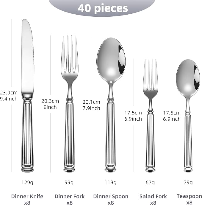 40-Piece Heavy Duty Silverware Set for 8, 18/10 Stainless Steel Forged Flatware Set, Extra Thick Heavy Weight, Ideal for Gift