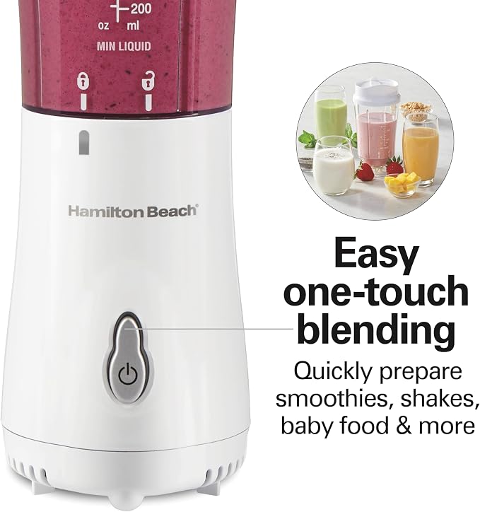 Hamilton Beach Portable Blender for Smoothies With 14 oz. Travel Jar | 2 BPA Free Jars & Lids | Durable Stainless Steel Blades | 300 Watts Peak Power | Personal Smoothie Blender | White | 51102G