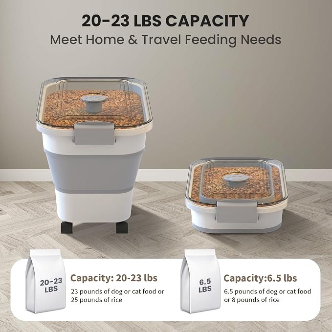 20-23 Lbs Dog Food Storage Container,Collapsible Dog Food Container | Pet Food Storage Container with Transparent Airtight Lid,Multifunctional for Dog Cat,Rice,Flour,Scoop and Small Container