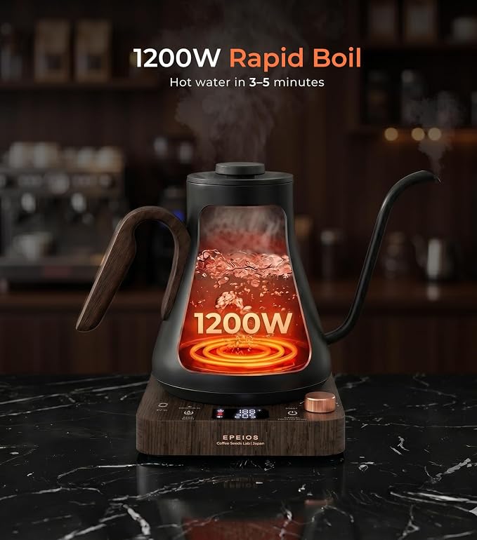 Epeios Gooseneck Electric Kettle ±1°F Temp Control,1200W,0.9L,Black Walnut | Rapid Heating, Precision Pour-Over for Coffee & Tea,Smart Hot water Boiler, 304 Stainless Steel Interior, Auto Shut-Off