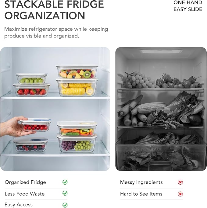 GGENICOOK 4 Pack Glass Produce Containers for Fridge with Slide Lid | 129oz Borosilicate Glass Food Storage Containers, Stackable Fridge Organizer, BPA Free, Microwave, Oven & Dishwasher Safe