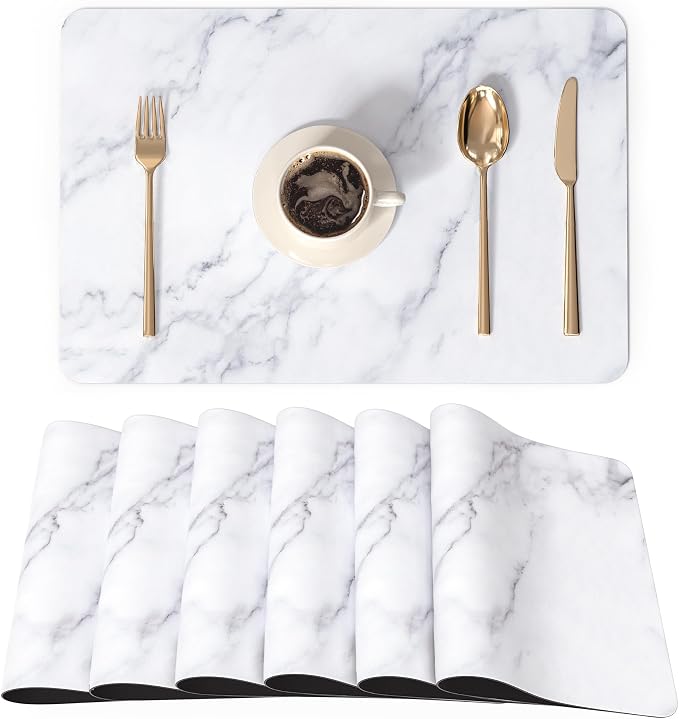 QIYI PU Leather Placemats Set of 6, 12"x18" Waterproof Table Mats, Marble | Faux Leather, Heat Resistant, Anti Slip, Wipeable Place Mats for Kitchen Dinning, Party Table Décor, White Marble