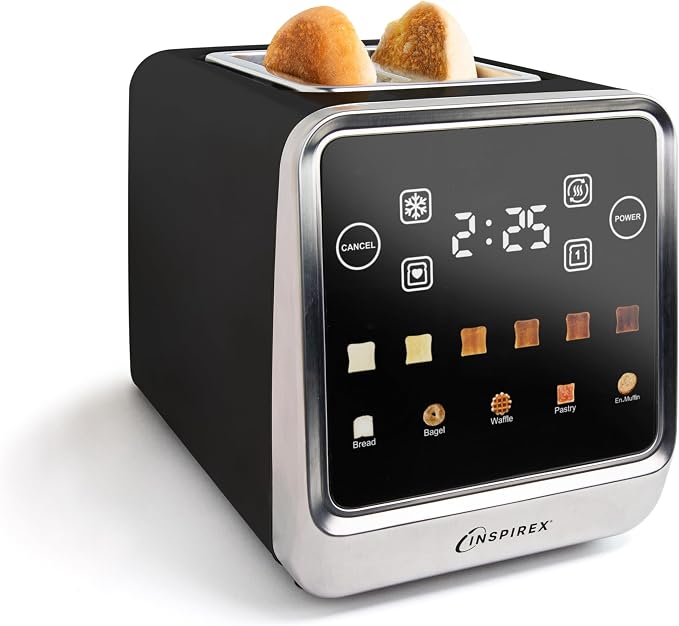 Inspirex Touch Screen Toaster - 2 Extra Wide Slots - 5 Bread Types and 6 Browning Levels - Defrost, Reheat, Favorite, & Single Slot Modes - For Toast, Bagels, & Waffles – Black