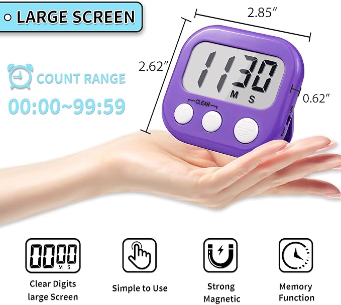 Timer for Kids Digital Kitchen Timers for Cooking- 2 Pack Pink Purple | Countdown Timer for Classroom Study Exercise Teacher Supplies, Strong Magnetic, Loud Alarm, Large Screen, Fast Reset, Memory