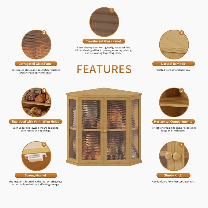 Extra Large Corner Bread Box for Kitchen Countertop, 16.5 inch Bamboo Double Layer Bread Storage with Glass Wavy Door Panel, Eco-Friendly and Stylish Design(Bamboo)
