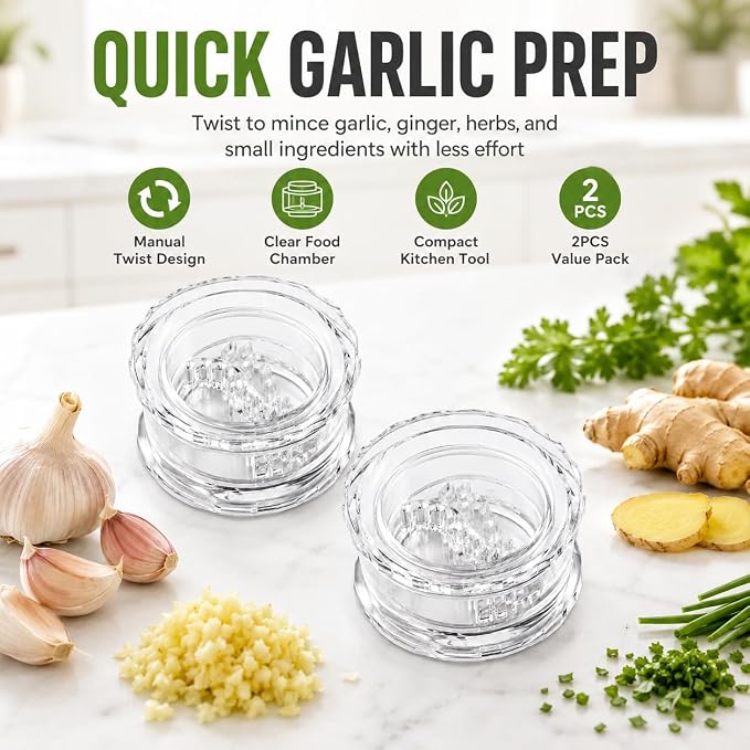 2PCS Clear Manual Garlic Twister, Manual Garlic Crusher, Garlic Chopper, Garlic Mincer, Garlic Grinder, Hand Twist Garlic Press for Garlic, Ginger, Onion, Herbs, Nuts