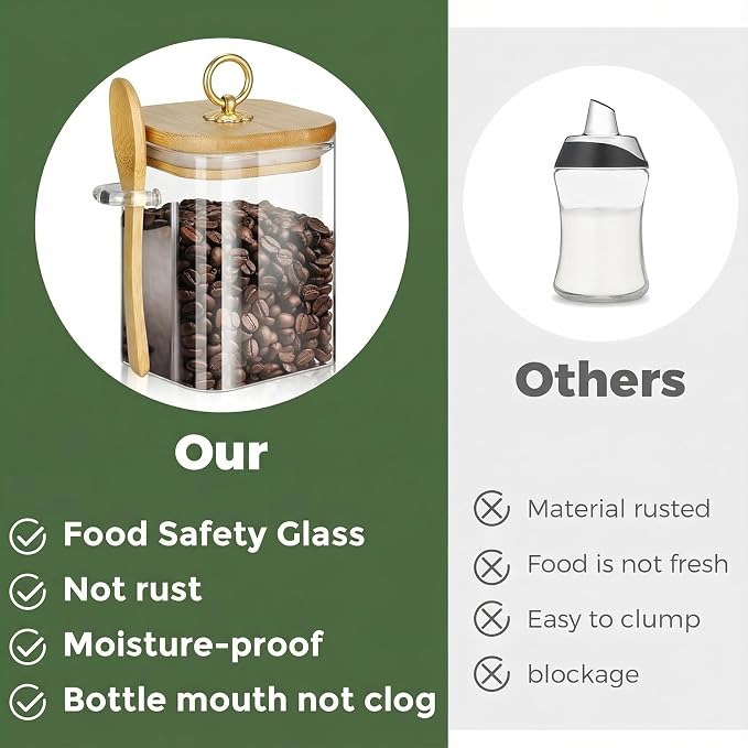 Glass Jars with Bamboo Lids and Spoons, 16 oz Glass Storage Containers | Dry Food Storage Sugar, Coffee, Nuts, Cookie, Candy, Tea, Airtight Kitchen Canisters Spice Jars