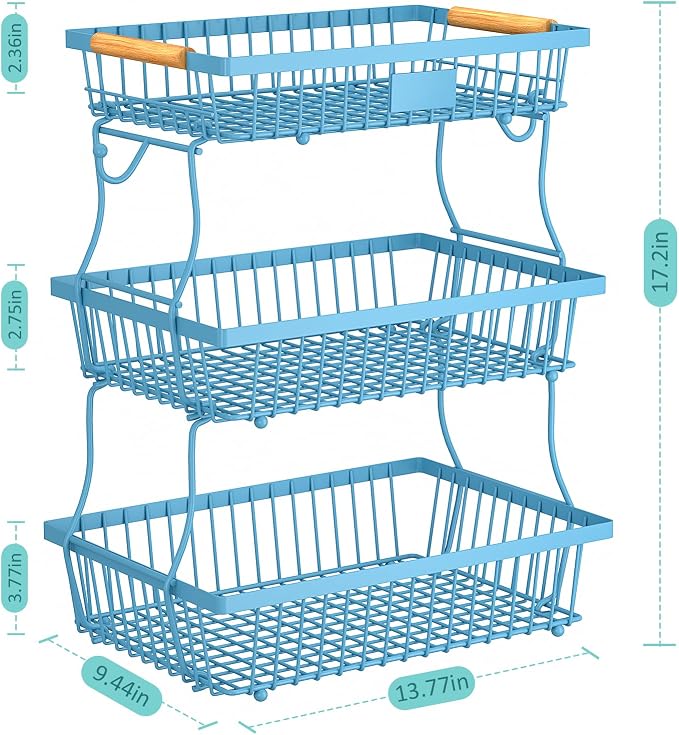 3 Tier Fruit Basket for Kitchen Counter with 2 Banana Hangers, Countertop Metal Fruit Bowl with Wooden Handle, Large Storage Stand for Vegetables, Snacks, Breads, Produce Storage – Blue