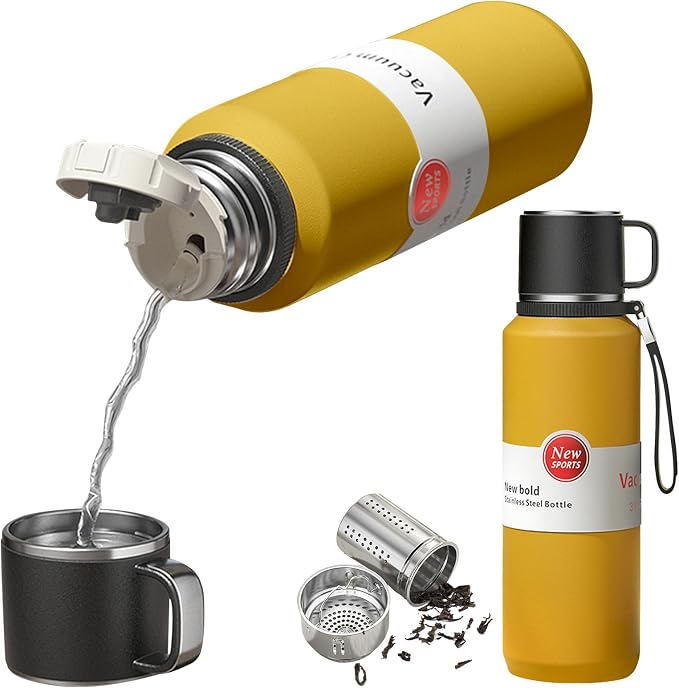 Stainless Steel Insulated Tea Infuser Bottle, Vacuum Insulated Water Bottle, Tea Tumbler with Separate Tea Compartment, 24-Hrs Insulation Commute Travel (Yellow,32oz/1000ml)