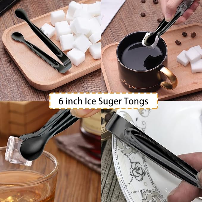10 PCS Stainless Steel Serving Utensils, Large Serving Spoons Slotted Spoons, Serving Forks, Serving Tongs, Ice Suger Tongs, Metal Utensils Set Great for Buffet Catering Banquet Party (Black)
