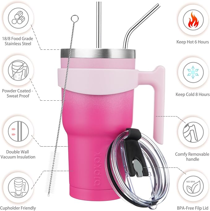 BJPKPK 30 oz Tumbler with Handle & Straw, Insulated Stainless Steel Mug | Double Wall Vacuum, Keeps Hot/Cold, Thermal Cup, BPA Free, Dishwasher Safe, Cupholder Fit, Coffee & Travel, Cherry Blossom