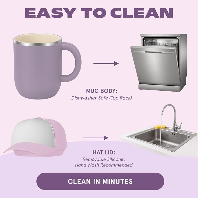 asobu Happy Hat Mug – 12 oz Double-Walled Stainless Steel Insulated Cup with Beanie-Shaped Lid – Ceramic Inner Coating – Spill-Proof and Ergonomic Design for Home and Travel (Puple)