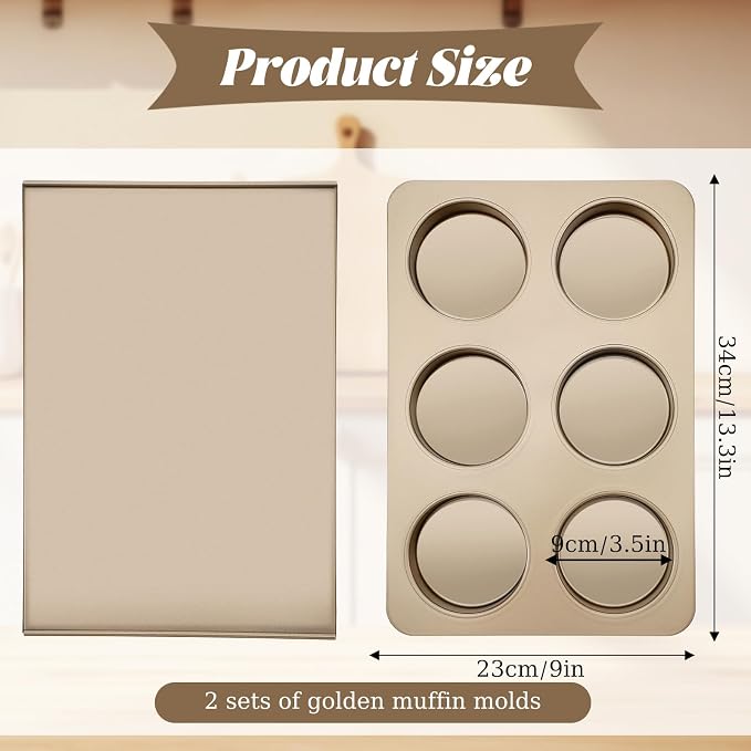 6 Cup Straight Side Jumbo English Muffin Cupcake Pan with Lid, 2 Set Nonstick Hamburger Bun Pan, Nonstick Baking Tin Tray Mold for Baking Burger Buns Roll Focaccia Quiche Pancake,Gold