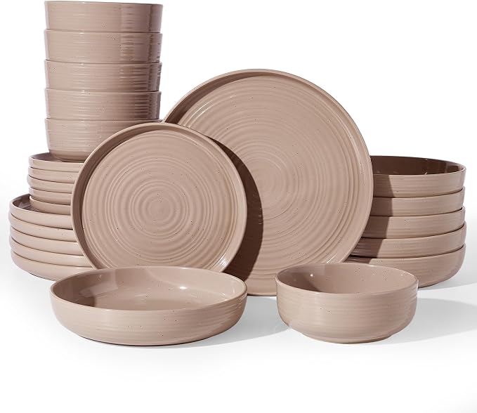 Stoneware Dinnerware Sets with Pasta Bowls, Service for 6 | 24-Piece Ceramic Plates and Bowls, Speckled Spiral Dishes, Chip & Scratch Resistant, Microwave & Dishwasher Safe, White Honey