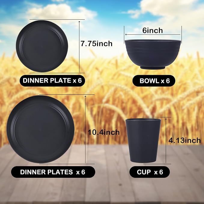 24pc Black Wheat Straw Dinnerware Set, Unbreakable Dish Set for 6 | 24pc matte black wheat straw dinnerware set for 6. Lightweight, unbreakable, microwave & dishwasher safe kitchen dish set.