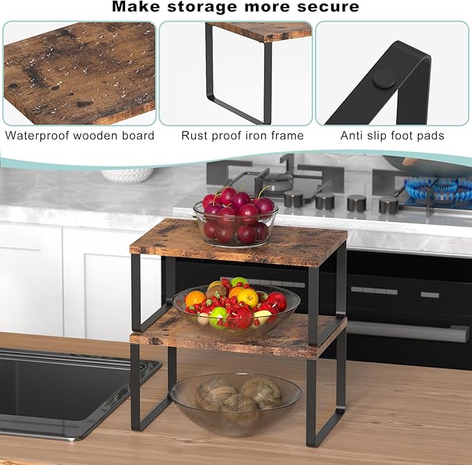 CADUKE Set of 4 Counter Shelves Kitchen Cabinet Shelf Organizer Brown | Countertop Organizer,Counter Top Racks,Stackable, Expandable, Metal and Engineered Wood, for Bathroom