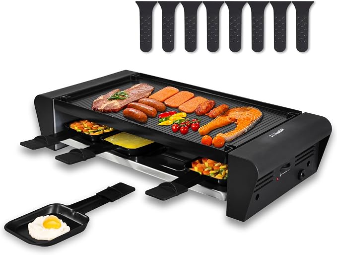 TAMARIT Raclette Table Grill for 8, Electric 1300W | Raclette grill, 8 cheese trays, reversible nonstick plate, 14.2 x 8.8 in