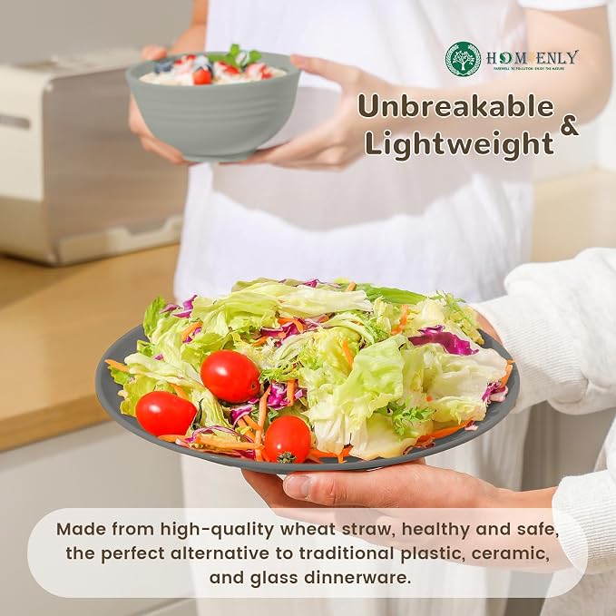 Kitchen Wheat Straw Dinnerware Set 40 PCS - Dinner Plates, Cereal Bowls, Wheat Straw Cups Set, Microwave and Dishwasher Safe Dishes Set, Unbreakable Dish Set for Party, Outdoor(Grey Stone)