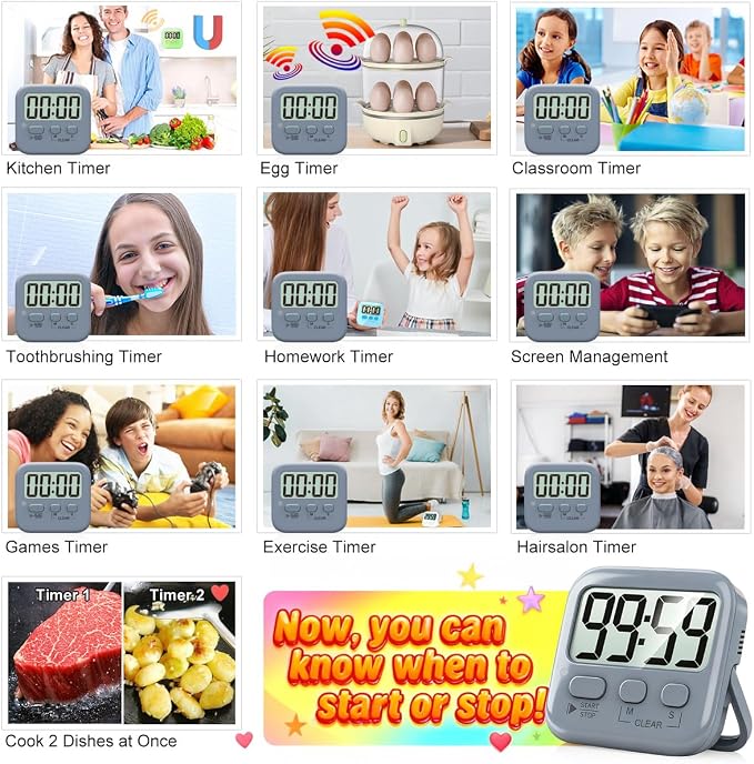 2 Pack Digital Timer for Kids Classroom Kitchen Timers for Cooking | w/ Battery, Easy to View, Alarm, Mute Mode, Count Down/Up, Magnetic, Kickstand, Hanging, Classroom Timer for Teacher Supplies