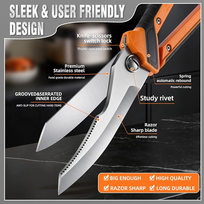 Chenovate® Heavy Duty Kitchen Scissors,Kitchen Shears with Knife & Scissor Switch Lock,Food Scissors Fit for Poultry Bones,Turkey,Meat Cutting,Veggies,Fish,Pizza(blue)