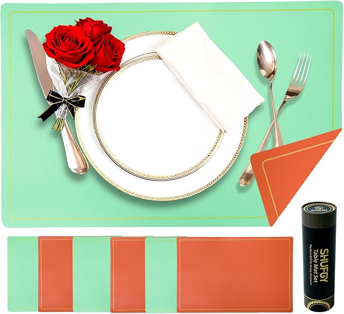 Faux Leather Placemats Set of 6, 11.8"x17.7", Green & Orange | Reversible Table Mats, Waterproof, Stain & Heat Resistant, Easy Clean for Dining, Gatherings, Outdoor