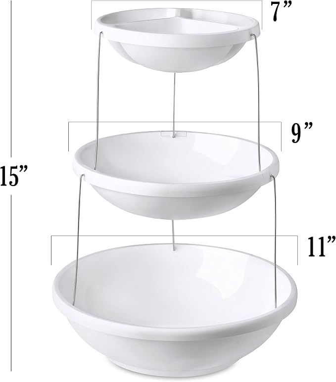 Masirs 3-Tier Collapsible Bowl: Decorative Design Folds for Minimal Storage. Ideal for Serving Snacks, Salad, and Fruit. Top Bowl Divided into Three Sections. | Masirs Tiered Serving Stand, Divided Top Tray, BPA-Free Dishwasher Safe Plastic, Snacks Sal...