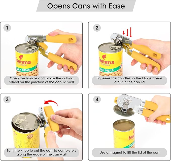 Beneno Heavy Duty Hand Can Opener Manual with Magnet Lid Remover, Yellow | Razor-Sharp Carbon Steel Blade, Precise Smooth Cutting Gear, Big Effort-Saving Knob, Soft Grip Handle, Built-in Bottle Opener