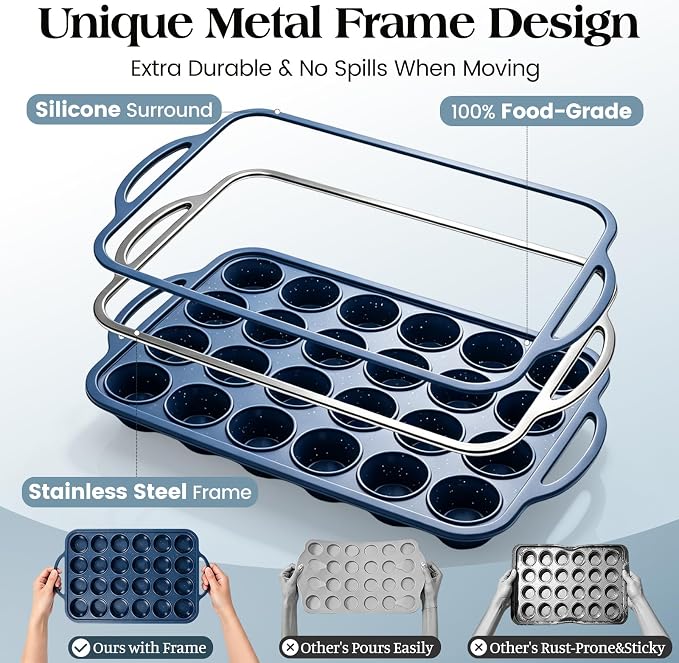 Vinino 24 Cup Silicone Muffin Pan with Metal Reinforced Frame | Nonstick, Food Grade Silicone, Easy Release, Oven Safe, Up To 446°f, Dishwasher Safe, Perfect for Muffins and Cupcakes