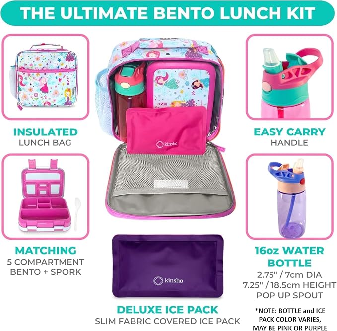 kinsho Bento Lunch Box, Bottle, Ice Pack & Bag, Pink Purple Fairy Princess | 5 Leakproof Portion Compartments, BPA-Free Removable Tray, Meal or Snack Container for Kids, Toddlers, Pre-School & Daycare