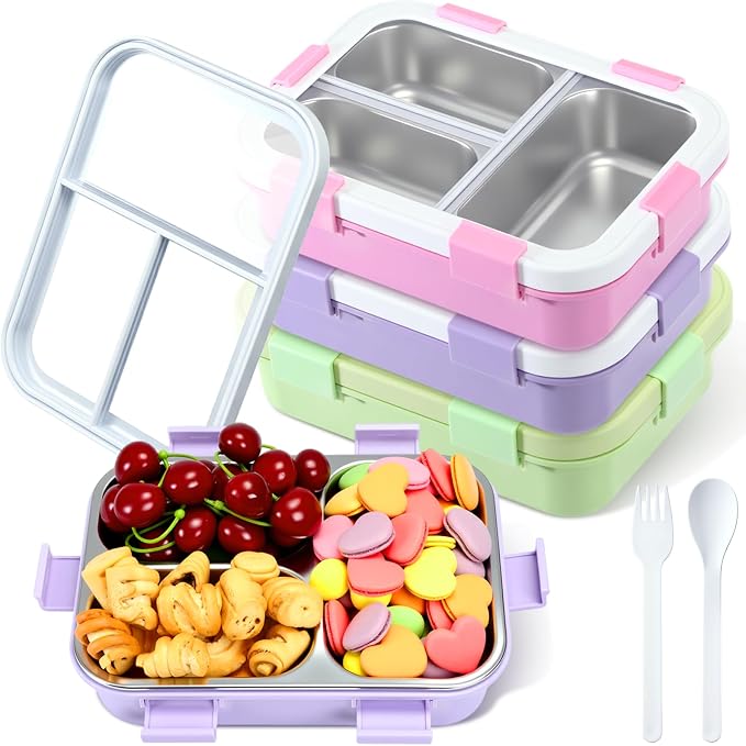 LemonRoad 3 Pcs 304 Stainless Steel Bento Box with Spoon Fork, 24 oz, Pastel