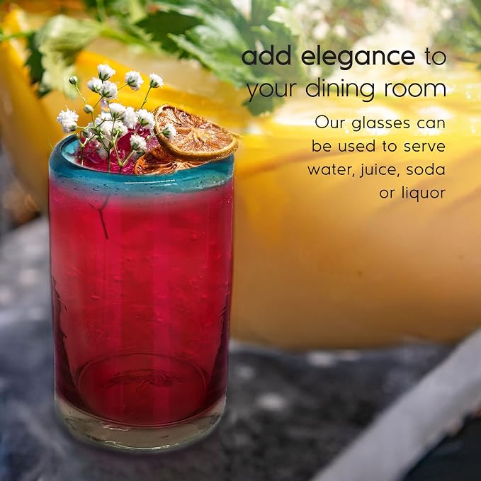 Aqua Blue Rim 9 oz Juice Glasses (set of 6) Mexican Handmade Glassware, Recycled Glass, Lead-free, Toxin-Free (Juice)