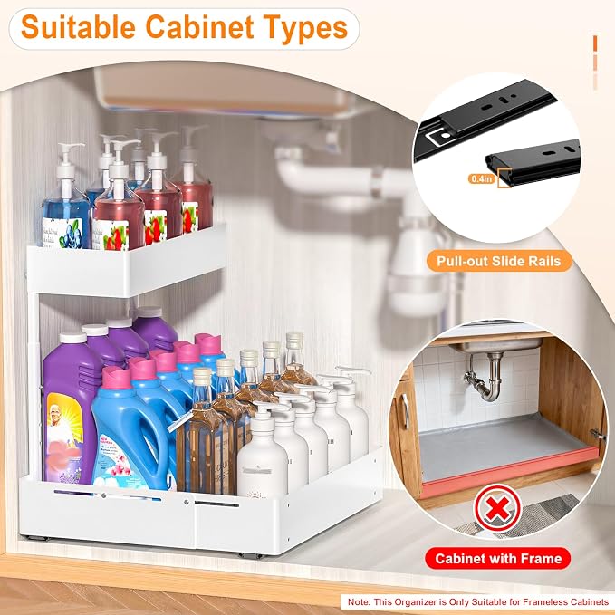 YJHome 2 Pack Expandable Under Sink Organizer, 2 Tier Pull Out Cabinet Organizer with Smooth Ball Bearing Slides, Adjustable Height Cabinet Storage Shelves for Kitchen, Bathroom, Laundry, Pantry