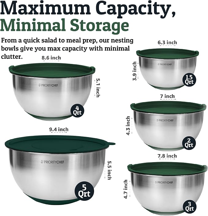 Stainless Steel Mixing Bowls with Lids Set, Metal Nesting Bowls with Airtight Lids, Graters, Non-Slip Base & Measurement Marks, Includes Utensil Set for Prep, Baking & Storage, Green