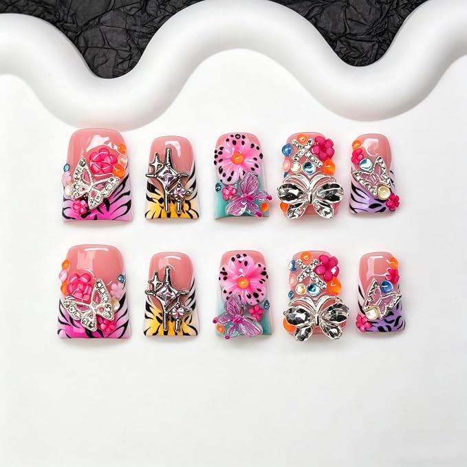 Handmade Flower Press on Nails Glossy Fake Nails with 3D Butterfly & Shiny Rhinestone Designs Full Cover Muti-Layer Gel Short Duck Acrylic Nail Leopard Pattern French Tip False Nails Art for Women（S)