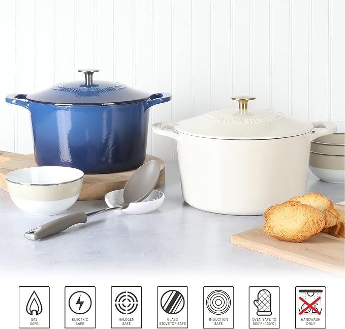 MARTHA STEWART Gatwick 7-Quart Enamel Cast Iron Dutch Oven Pot with Lid – Classic Blue – Durable Heavy-Duty Dutch Oven for Slow Cooking, Braising & Baking