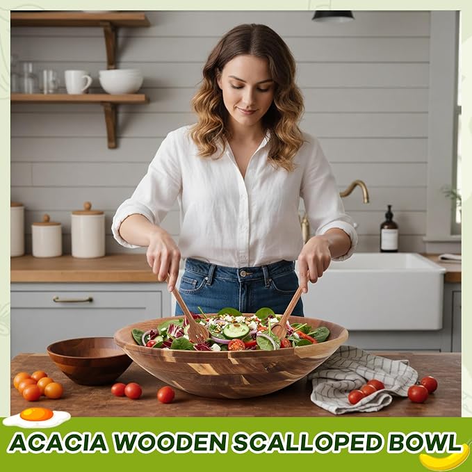 Geiserailie Extra Large 18 Inch Acacia Wood Salad Bowl Set Wooden Serving with Serving Utensils Oversized All Purpose Bowl for Fruits Salad Kitchen for Housewarming Wedding Table Display Gift