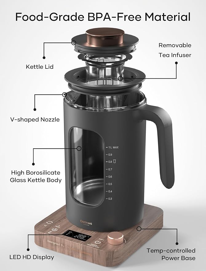 INTASTING Electric Kettle, Electric Tea Kettle with Infuser, 1 Liter | ±1℉ Temperature Control, 1200W Fast Heating, BPA-Free Glass, Easy to Clean, Keep-warm, Auto shut-off, Wood