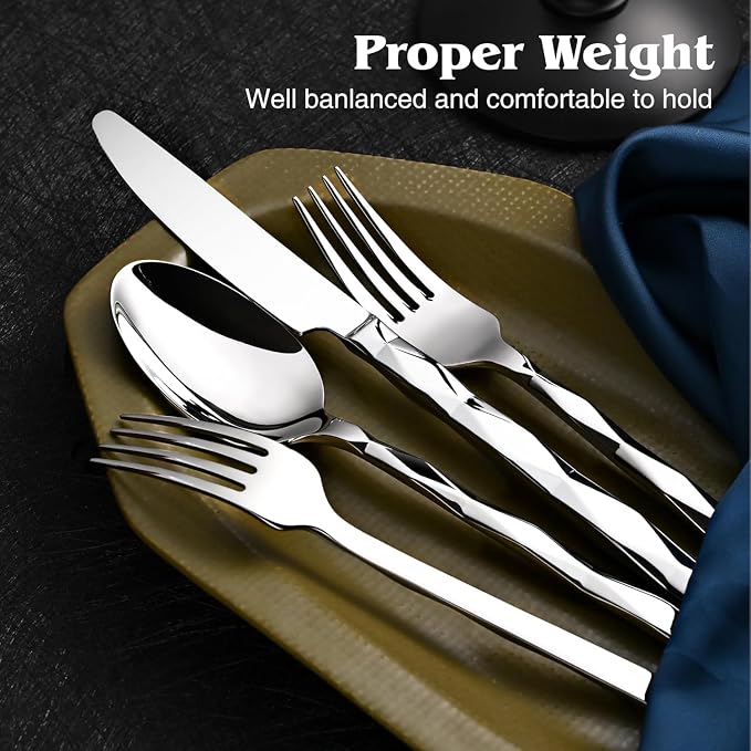 5 Piece 18/10 Silverware Set, Stainless Steel Flatware Cutlery set for 1 | KINGSTONE Luxury Silverware with Diamond Cut Pattern, Mirror Polished Utensils for Kitchen, Wedding, Party, Dishwasher Safe