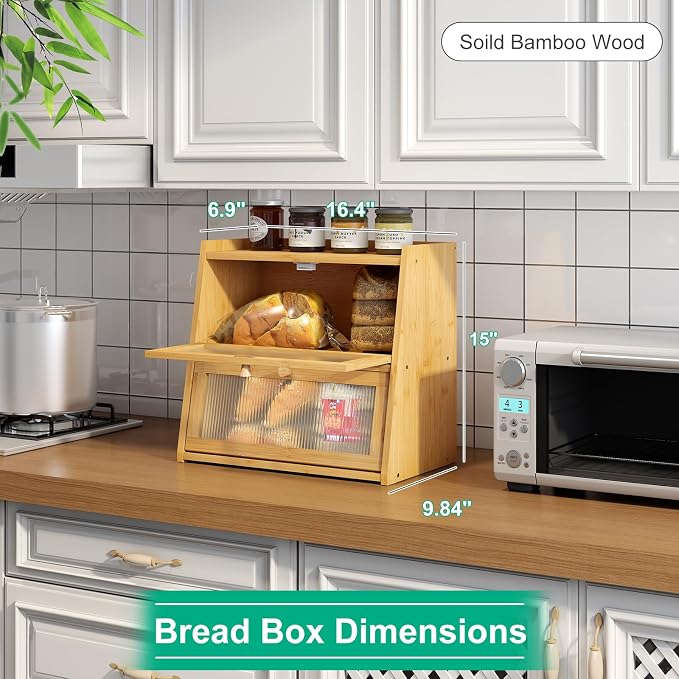 kiplant 2-Tier Bamboo Bread Box, Double Layer Bread Box for Kitchen Counter, Large Bamboo Bread Storage Container with Wavy Acrylic Transparent Door