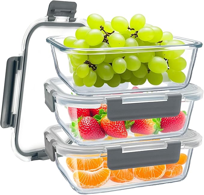 3 Packs 36oz Glass Food Storage Containers with Lids, Stackable Borosilicate Glass Bowls Meal Prep Lunch Containers Microwave Oven Freezer Safe (Gray-3)