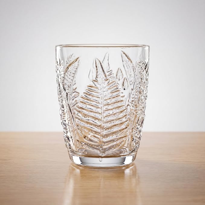 Clear Drinking Glasses Set of 4, 10 oz Glass Cups, Vintage Fern Glassware | Hand-Pressed, Dishwasher Safe, Boho Leaf-Textured Drinkware, Decorative Embossed Lowball Tumblers for Water, Retro Kitchen