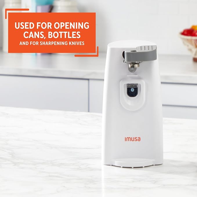 IMUSA White Electric Can Opener with Knife Sharpener & Bottle Opener