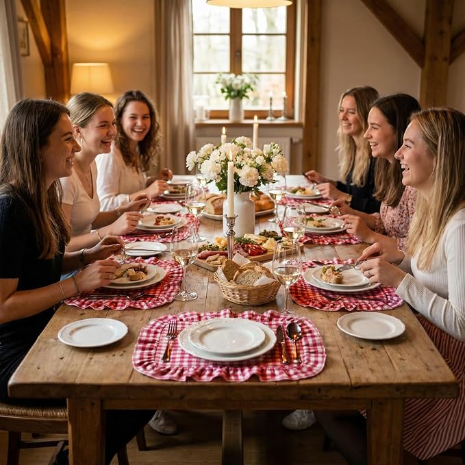 Set of 6 Pink Checkered Placemats Ruffled Rectangle Gingham Table Placemat Fabric Vintage Farmhouse Retro Pastel Aesthetic Chic Mat for Birthday Garden Picnic Baby Shower Bridal Shower