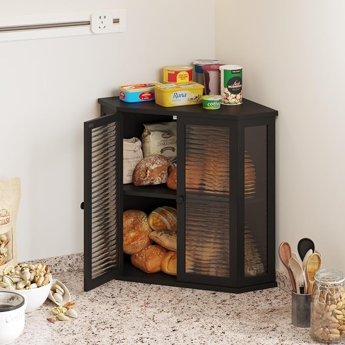 Corner Bread Box for Kitchen Counter, Black Bamboo Bread Box with Real Glass Door, Double Layer Space Saving Bread Storage for Homemade Bread